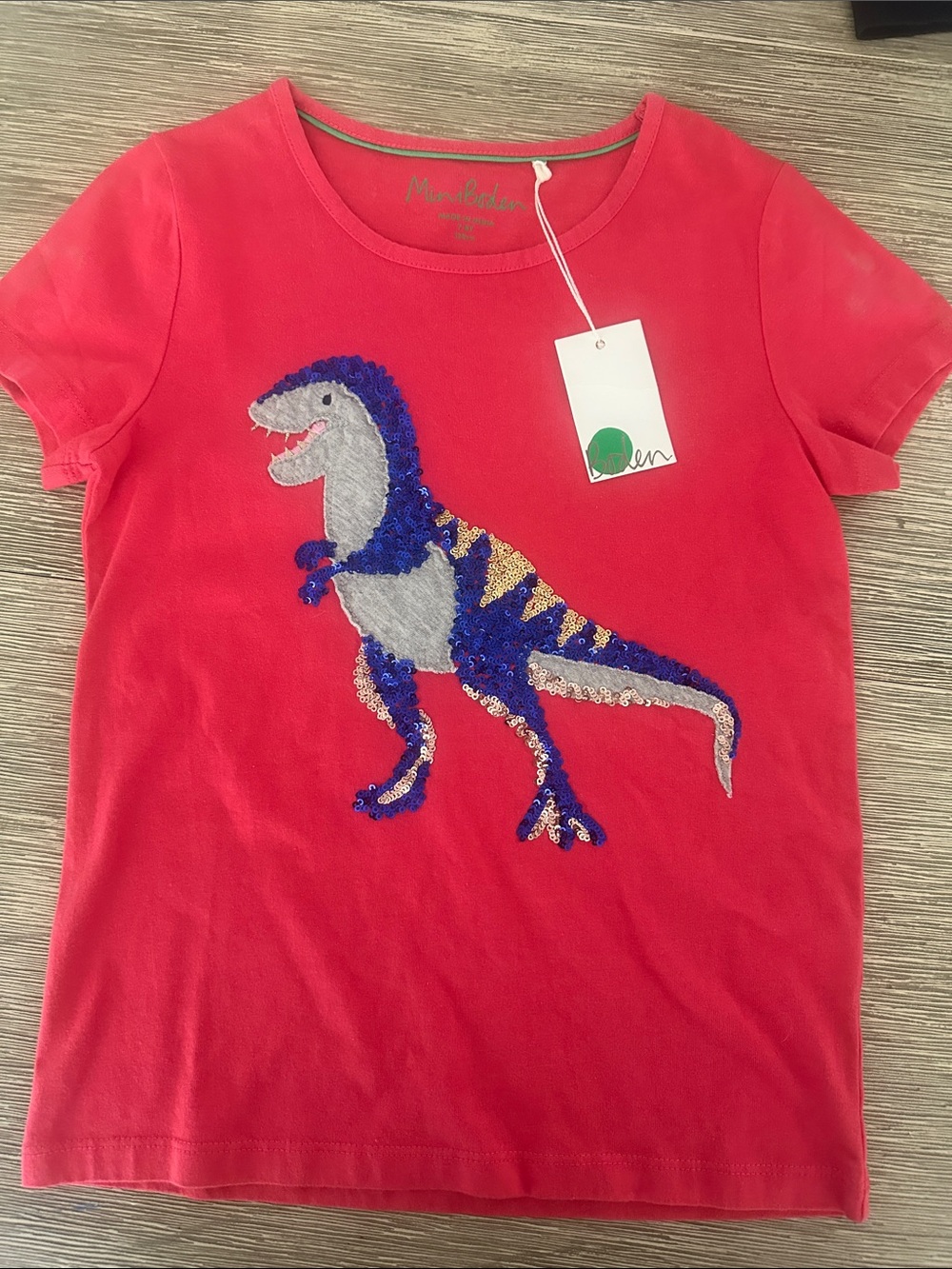 Mini Boden Coral Tee with Sequin Dinosaur
